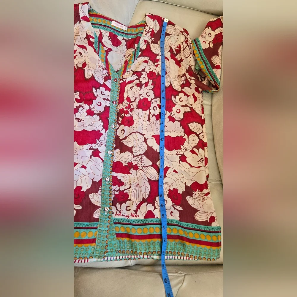 Johnny Was Red Floral Silk Blouse with Cream Print and Green Trim - Picture 10 of 11